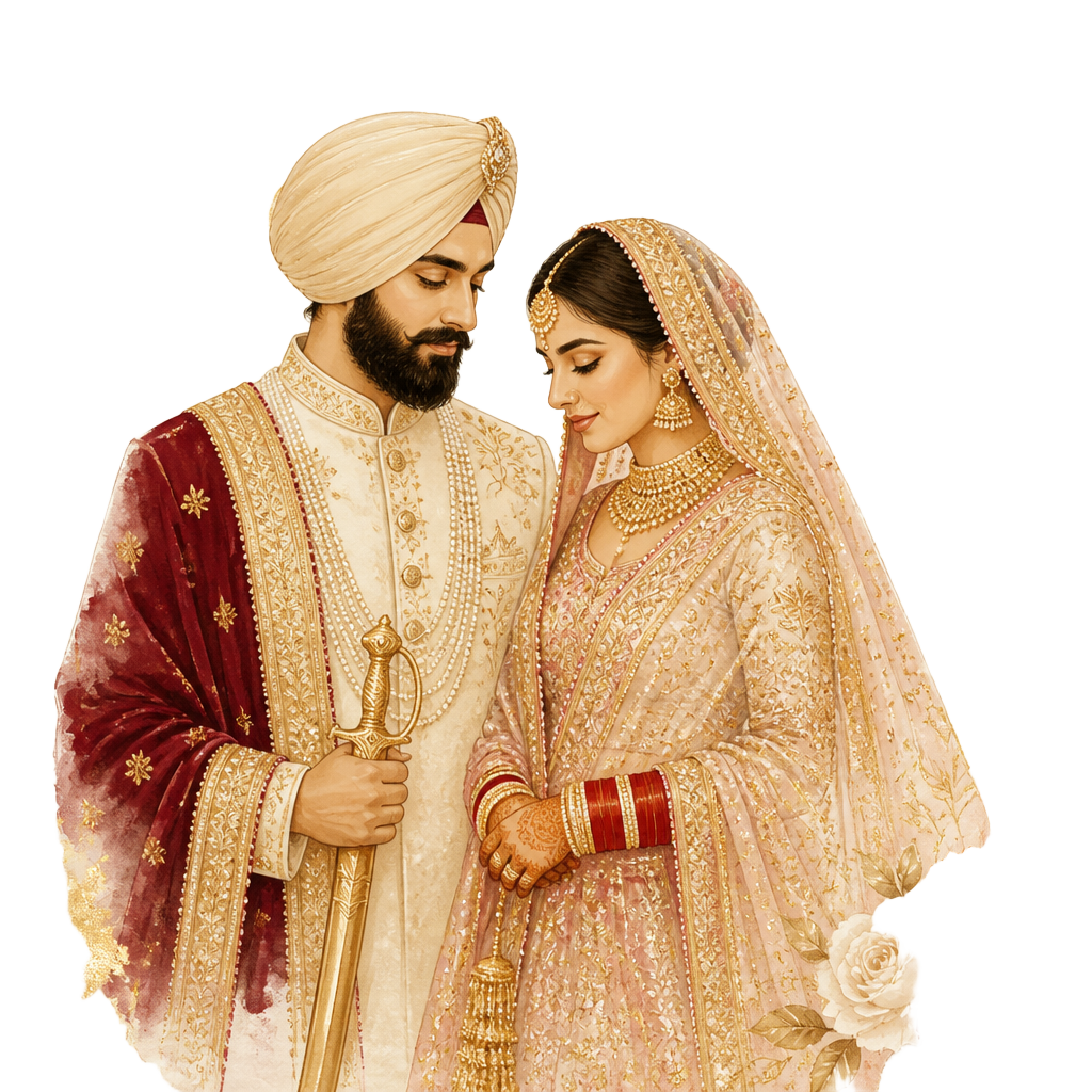 Illustration of a Sikh bride and groom in traditional wedding attire